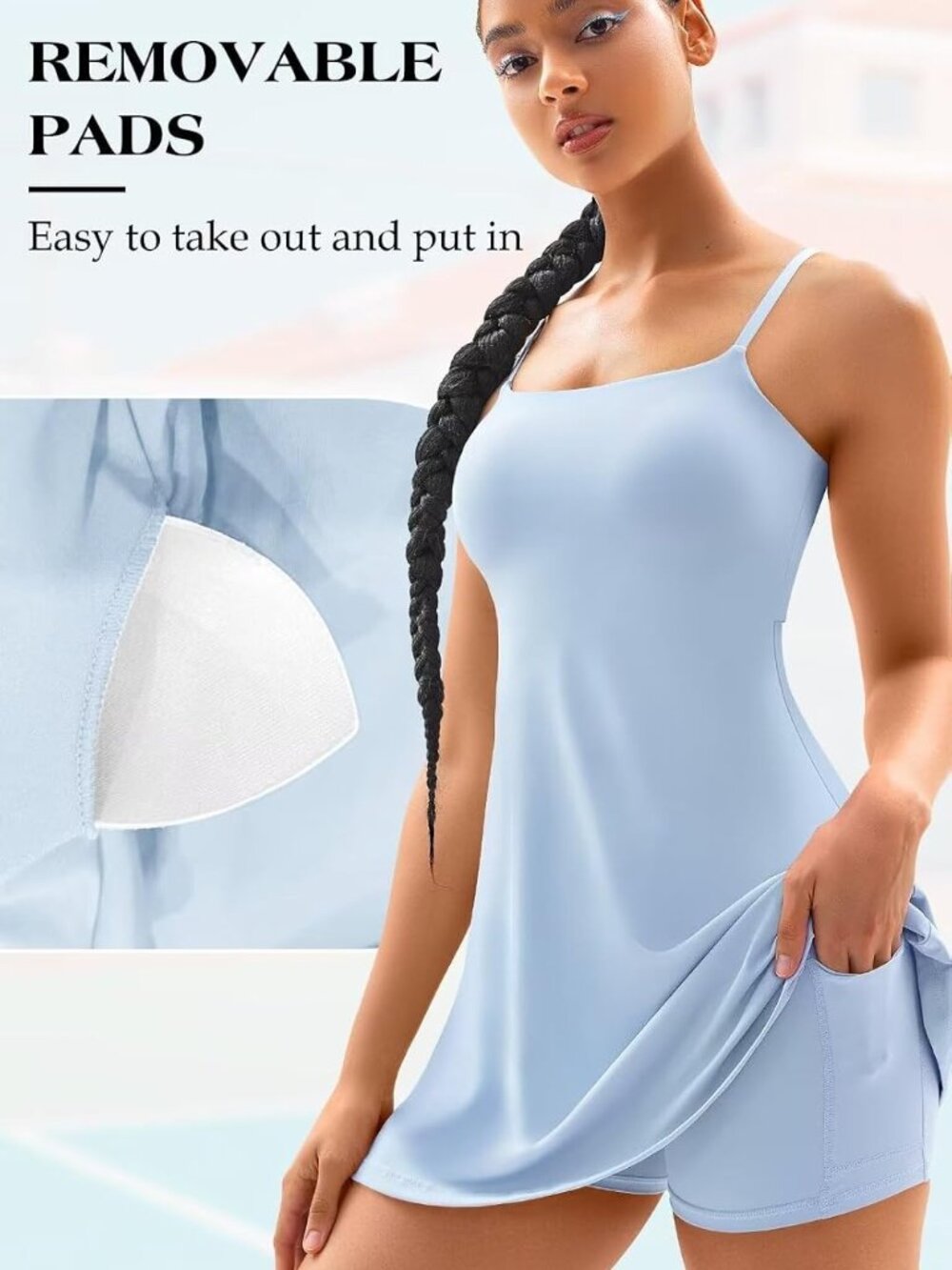 Vertvie Women's 2 Pc Light Blue Tennis Dress & Shorts Open Back Built-in Bra-M